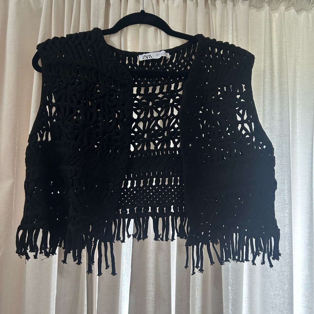 Zara Black Open-Knit Fringe Vest